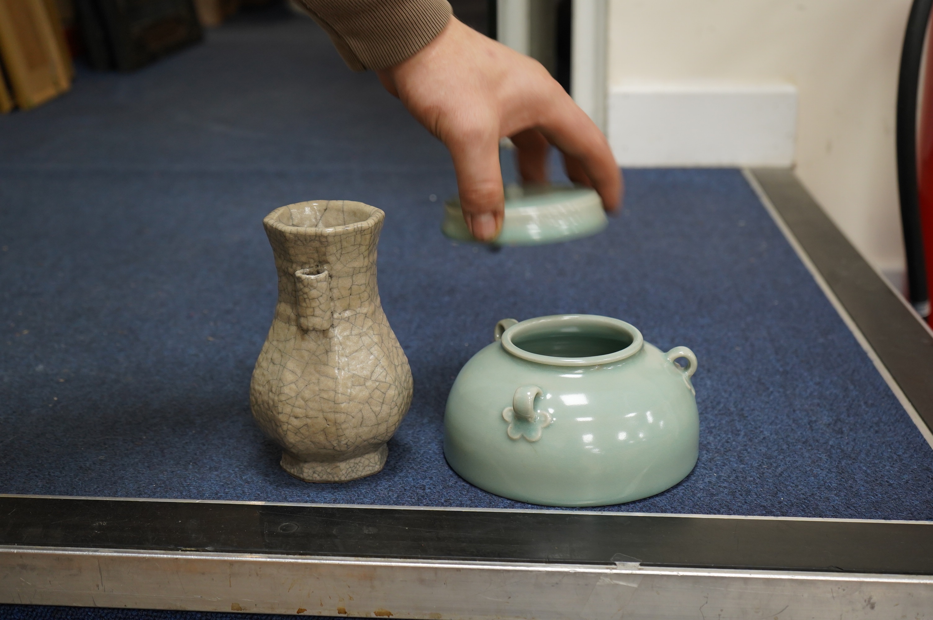 A Chinese crackle glaze pot and celadon bowl and cover, crackleware vase 15cm high. Condition - good